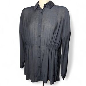 HYFVE Black Sheer Button Front Blouse Medium High Low Oversized Tunic Top